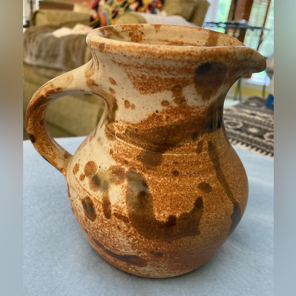 New Beautiful Farmhouse Hand Made Pottery Pitcher w Handle Signed via n Bottom